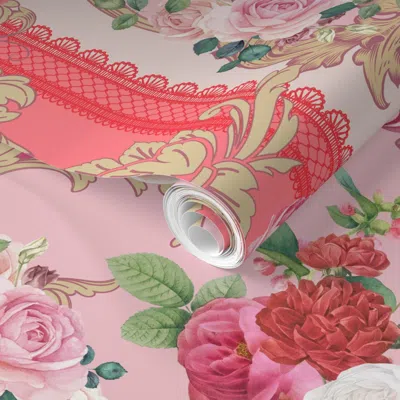 Spoonflower Pre-pasted Wallpaper Pink Rococo Romance Home Decor Version 2' X 12' Removable