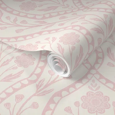 Spoonflower Pre-pasted Wallpaper Pink Wildflower Damask Baby Girl Room Botanical Boho Chic Cottagecore 2' X 12' 