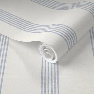 Spoonflower Pre-pasted Wallpaper Pinstripe Clusters - Warm White & Blue-gray - Textured Coastal Lines 2' X 12' R