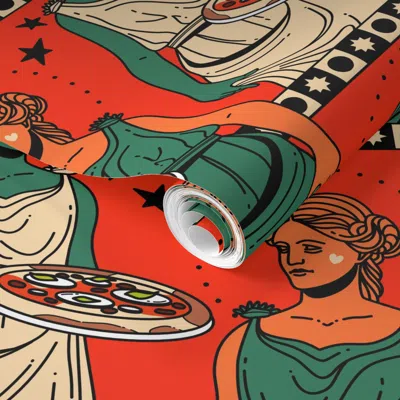 Spoonflower Pre-pasted Wallpaper Pizza Amore Pattern - Color 2 2' X 12' Removable In Brown