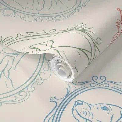 Spoonflower Pre-pasted Wallpaper Playful Hand Drawn Dogs In Ornate Frames - Novelty Pets Dopamine Decor (l) 2' X