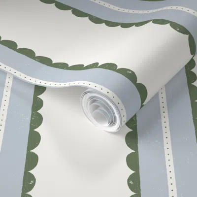 Spoonflower Pre-pasted Wallpaper Playful Vertical Stripe With Scallop Edges - Nursery Kids Room - Blue Green 2' 