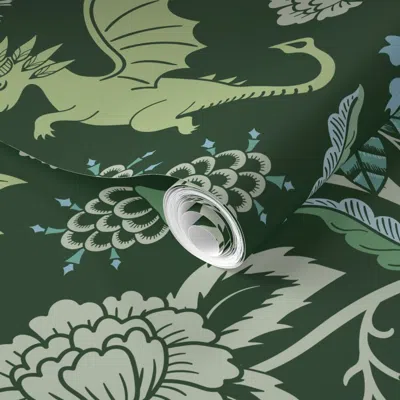 Spoonflower Pre-pasted Wallpaper Pollinator Dragons Traditional Fantasy Floral Geek Emerald Green -jumbo  Remova