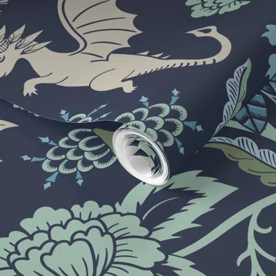 Spoonflower Pre-pasted Wallpaper Pollinator Dragons Traditional Fantasy Floral Geek Navy Blue Aqua -jumbo 2' X 1