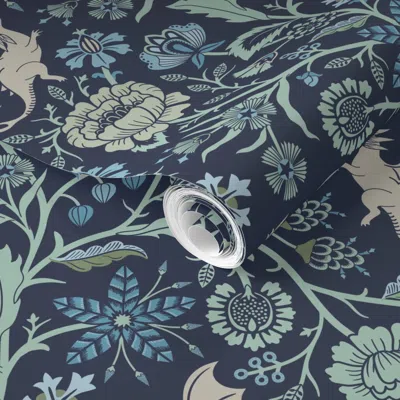 Spoonflower Pre-pasted Wallpaper Pollinator Dragons Traditional Fantasy Floral Geek Navy Blue Aqua -large 2' X 1