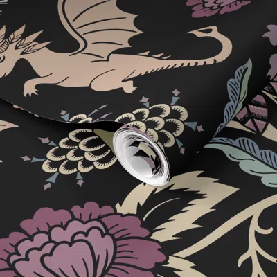 Spoonflower Pre-pasted Wallpaper Pollinator Dragons Traditional Fantasy Floral Goth Muted Jewel Black -jumbo 2' 