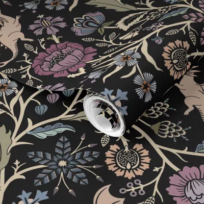 Spoonflower Pre-pasted Wallpaper Pollinator Dragons Traditional Fantasy Floral Goth Muted Jewel Black -large 2' 