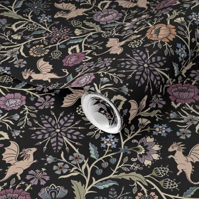 Spoonflower Pre-pasted Wallpaper Pollinator Dragons Traditional Fantasy Floral Goth Muted Jewel Black -med 2' X 