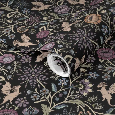 Spoonflower Pre-pasted Wallpaper Pollinator Dragons Traditional Fantasy Floral Goth Muted Jewel Black -midlg 2' 