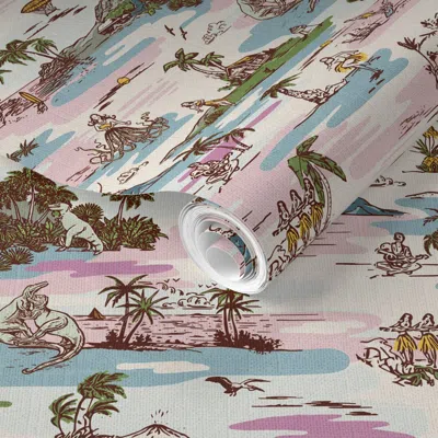Spoonflower Pre-pasted Wallpaper Polynesian Paradox Paradise - Vintage Colors Fabric Texture - Large Scale 2' X 
