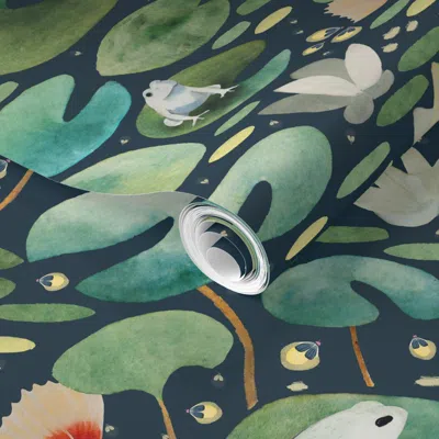 Spoonflower Pre-pasted Wallpaper Pond At Night - Koi Fish In The Pond L 2' X 12' Removable