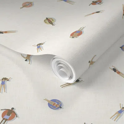 Spoonflower Pre-pasted Wallpaper Pool Day Swimmers And Floats In Cream White (medium) 2' X 12' Removable