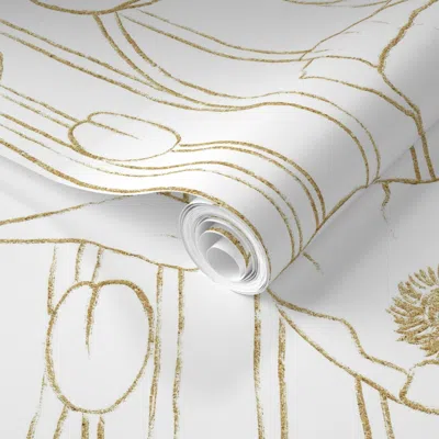Spoonflower Pre-pasted Wallpaper Poppies In White And Gold Colors Elegant Floral Poppy Pattern 2' X 12' Removabl
