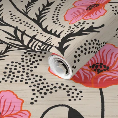 Spoonflower Pre-pasted Wallpaper Poppy - Black & Pink 2' X 12' Removable