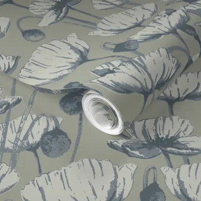 Spoonflower Pre-pasted Wallpaper Poppy Florals Vintage Modern New Farmhouse Wall Sage Blue 2' X 12' Removable