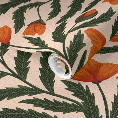 Spoonflower Pre-pasted Wallpaper Poppy Flower Orange And Green 2' X 12' Removable In Multi