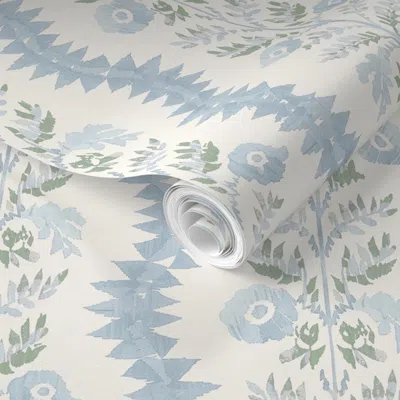 Spoonflower Pre-pasted Wallpaper Portia Ikat Floral Stripe Athabasca  Removable In Blue