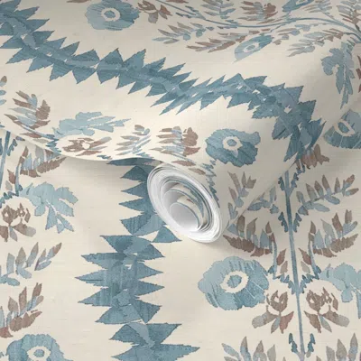 Spoonflower Pre-pasted Wallpaper Portia Ikat Floral Stripe Teal 2' X 12' Removable In Blue
