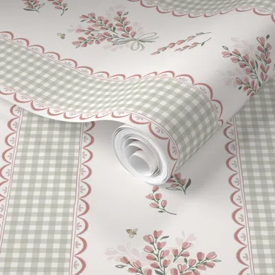 Spoonflower Pre-pasted Wallpaper Posey Preppy Gingham Floral Stripe - Mint Green & Pink - Large Repeat 2' X 12' 