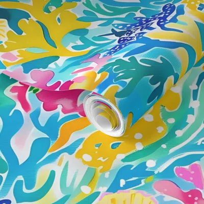 Spoonflower Pre-pasted Wallpaper Preppy Fishes And Coral Reef 2' X 12' Removable