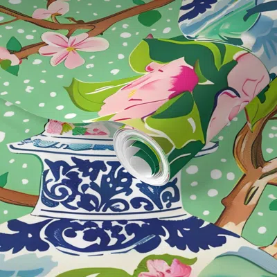 Spoonflower Pre-pasted Wallpaper Preppy Ginger Jars And Peonies On Green 2' X 12' Removable