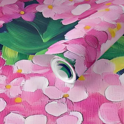 Spoonflower Pre-pasted Wallpaper Preppy Grandmillennial Branches Of Hot Pink Hydrangea On Navy Blue 2' X 12' Rem