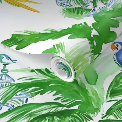 Spoonflower Pre-pasted Wallpaper Preppy Grandmillennial Old Clock Tower In The Jungle In White And Green 2' X 12