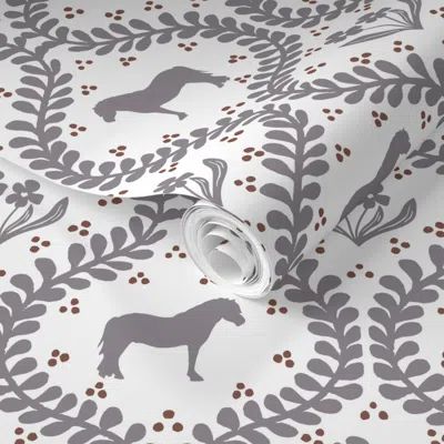 Spoonflower Pre-pasted Wallpaper Preppy Ogee Horse And Flower Blender In White And Lavender 2' X 12' Removable