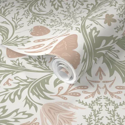 Spoonflower Pre-pasted Wallpaper Preppy Pink And Green Garden Strawberries And Butterflies Grandmillennial 2' X 