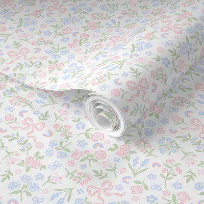 Spoonflower Pre-pasted Wallpaper Pretty Pastel Watercolor Bows Flowers Ditsy Floral Toss Grandmillennial 127 2' 