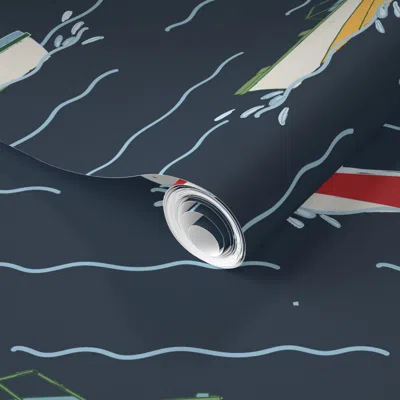 Spoonflower Pre-pasted Wallpaper Primary Speed Boats With Navy Background - Lake House Ski Boats 2' X 12' Remova