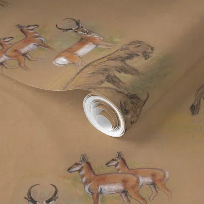 Spoonflower Pre-pasted Wallpaper Pronghorn And Bison Buffalo Large Scale 2' X 12' Removable