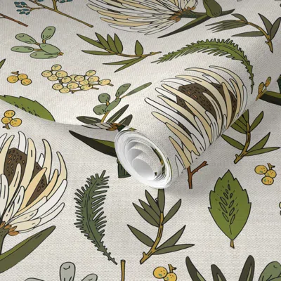 Spoonflower Pre-pasted Wallpaper Protea Neutral Linen 2' X 12' Removable