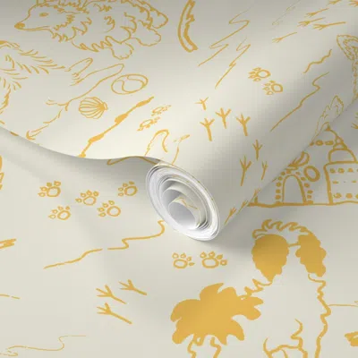 Spoonflower Pre-pasted Wallpaper Puppies Playing At The Beach 24" - Daffodil Yellow On Cream 2' X 12' Removable