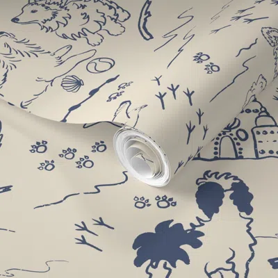 Spoonflower Pre-pasted Wallpaper Puppies Playing At The Beach 24" - Denim Blue On Cream 2' X 12' Removable