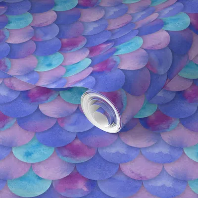 Spoonflower Pre-pasted Wallpaper Purple Mermaid Scales 2' X 12' Removable In Multi