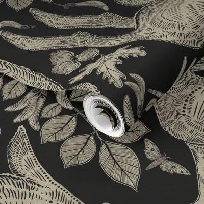 Spoonflower Pre-pasted Wallpaper Rabbit On Black Linen  Removable