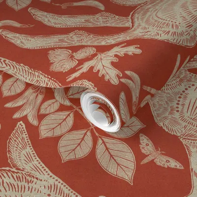 Spoonflower Pre-pasted Wallpaper Rabbit On Cayenne Red Linen 2' X 12' Removable