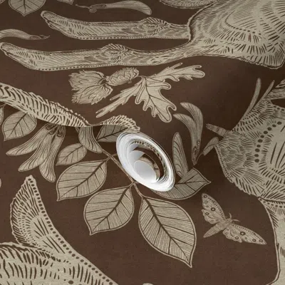 Spoonflower Pre-pasted Wallpaper Rabbit On Chocolate Brown Linen 2' X 12' Removable