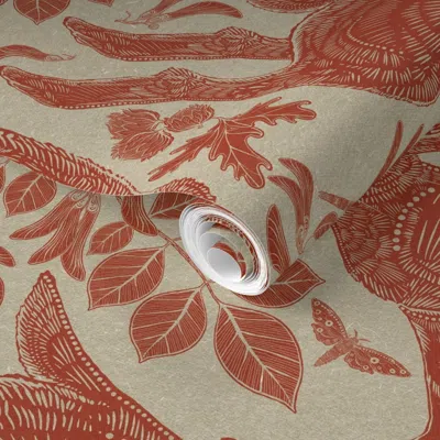 Spoonflower Pre-pasted Wallpaper Rabbit On Linen Cayenne Red 2' X 12' Removable