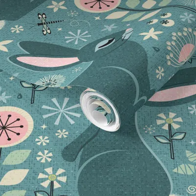 Spoonflower Pre-pasted Wallpaper Rabbits And Wildflowers  Removable In Blue