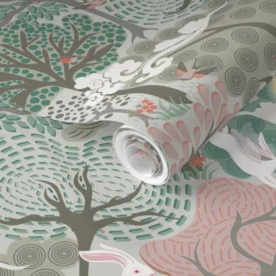 Spoonflower Pre-pasted Wallpaper Rabbits In The Woods Day 2' X 12' Removable
