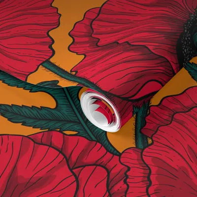Spoonflower Pre-pasted Wallpaper Red Poppy Garden 2' X 12' Removable In Multi