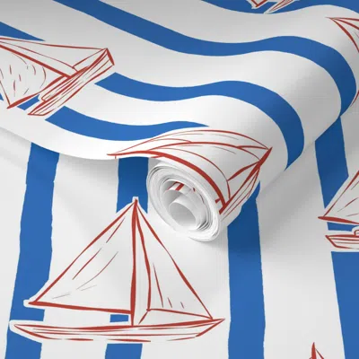 Spoonflower Pre-pasted Wallpaper Red Sailboats On Blue Stripes Medium - Lake House Decor - Nautical Look 2' X 12