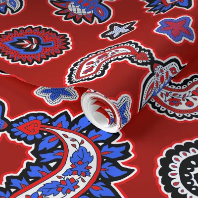 Spoonflower Pre-pasted Wallpaper Red White And Blue Paisley 2' X 12' Removable
