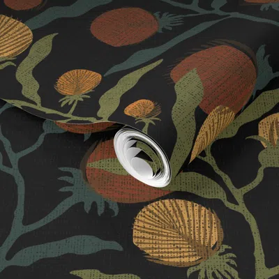 Spoonflower Pre-pasted Wallpaper Refined Bohemian Geometric Thistle Floral Black-earth Tone 2' X 12' Removable