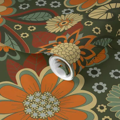Spoonflower Pre-pasted Wallpaper Retro 70s Floral On Dark Green 2' X 12' Removable