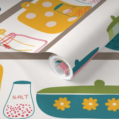 Spoonflower Pre-pasted Wallpaper Retro Farmhouse Pattern In Yellow And Red For Tea Towels And Kitchen Decor 2' X