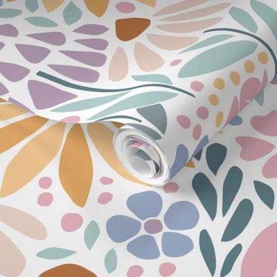 Spoonflower Pre-pasted Wallpaper Retro Floral Mosaic In Sunny Yellow. Blush Pink And Lilac Purple (l) 2' X 12' R