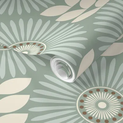 Spoonflower Pre-pasted Wallpaper Retro Floral-mid Mod-grandmillennial-restful-soft Calm Celadon Green-large 2' X